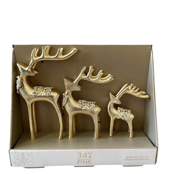 34th & Pine Gold Metal Rhinestone Reindeer Set of 3 Holiday Glam Decor New - Picture 1 of 7